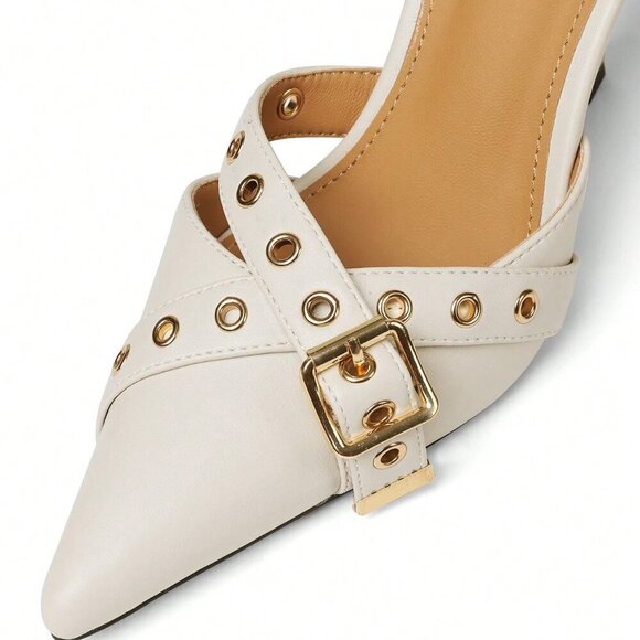 White Elegant Women's Pointed Toe Mules Pumps - Picture 9 of 10